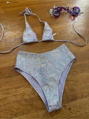 Roma Lavender Holographic Sequin Bikini Top and Matching Piece